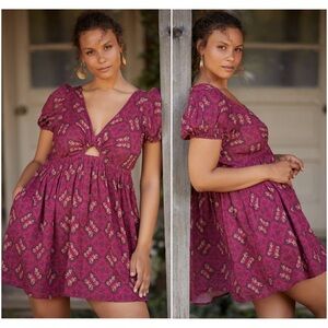 ANTHROPOLOGIE Boho Print Cotton Gauze Puff Short Sleeve Keyhole Babydoll Dress M